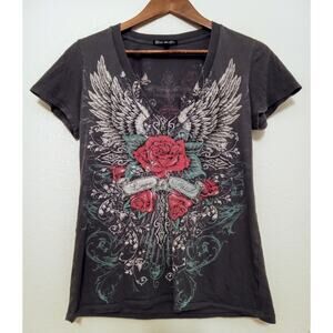 Vintage Y2K Brad Butter Winged Cross Rose Women's V-Neck Tee Ed Hardy Style SZ L